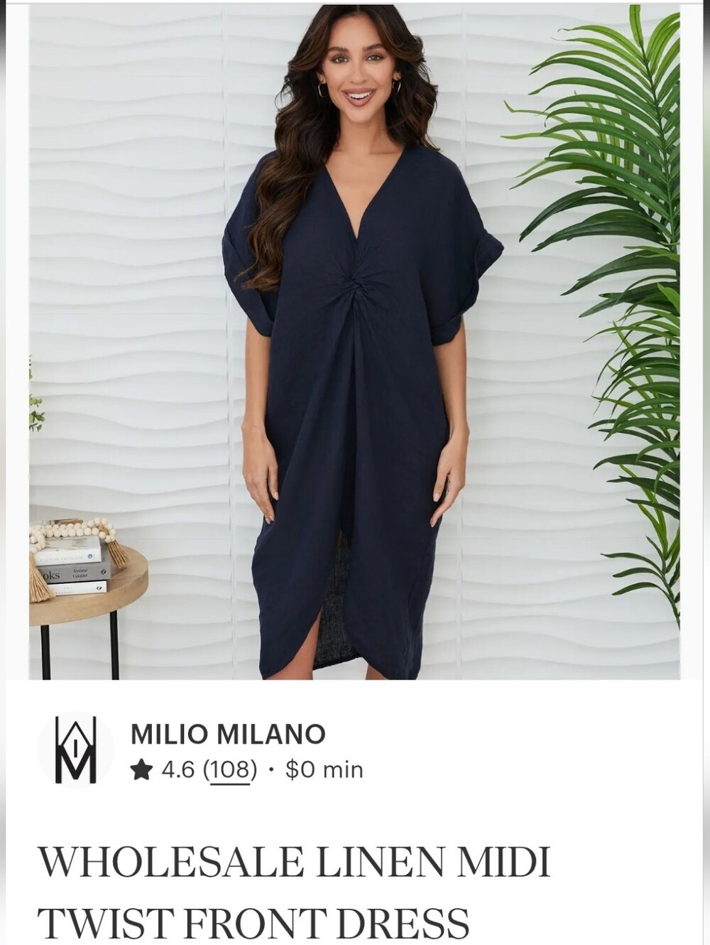 NWT Milio Milano Navy Linen Twist-Front Midi Dress Sz S Navy Blue Made in Italy